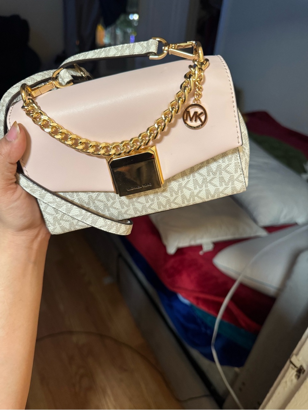 Michael Kors Blush Pink and Vanilla Logo Chain Crossbody Bag